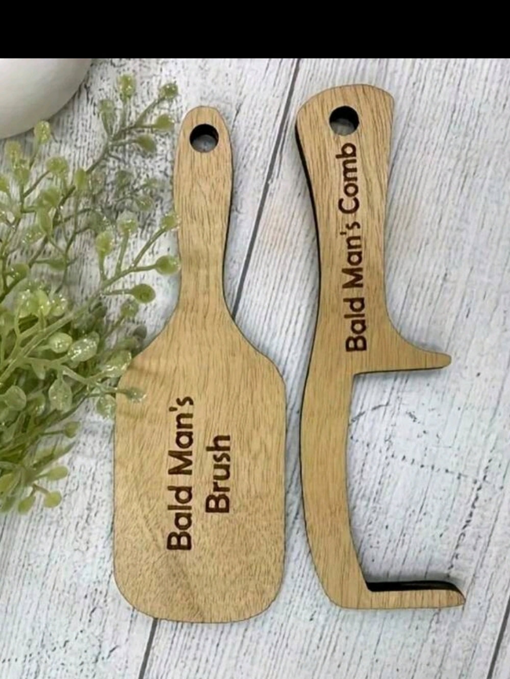 Engraved Wooden Grooming Set - 'Bald Man's' Brush & Comb - Natural Wood